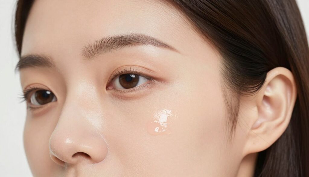 A close-up, photorealistic image of a woman's clear, glowing cheek after a skin treatment, with soft, natural lighting. The focus is on healthy, radiant skin.