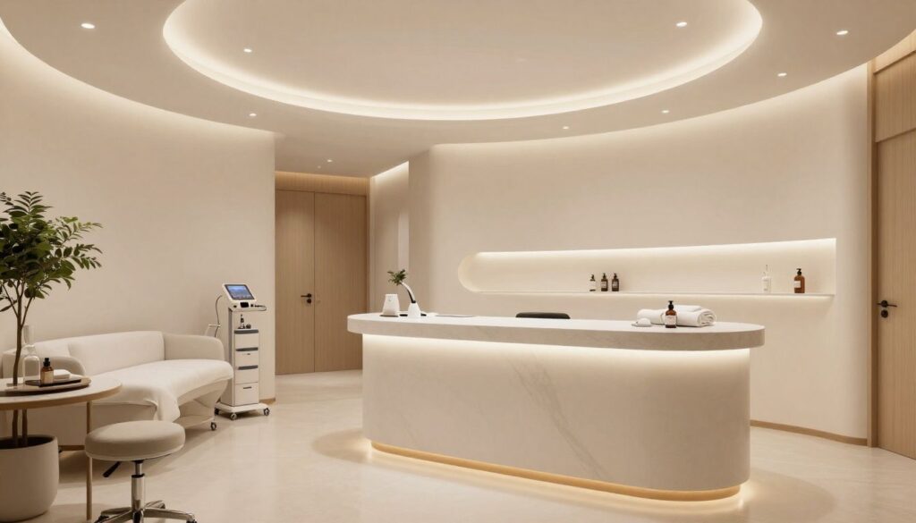 A luxurious and calming medical spa interior with soft, ambient lighting and clean, modern decor