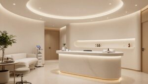 A luxurious and calming medical spa interior with soft, ambient lighting and clean, modern decor