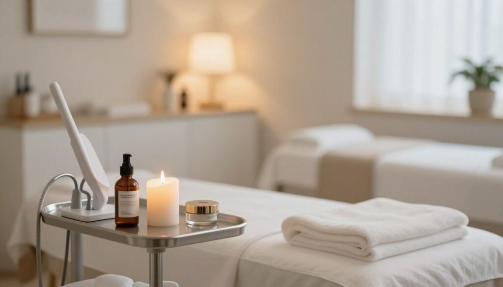 A serene and elegant spa consultation room with soft focus, featuring professional beauty equipment and a welcoming, peaceful atmosphere.