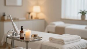 A serene and elegant spa consultation room with soft focus, featuring professional beauty equipment and a welcoming, peaceful atmosphere.