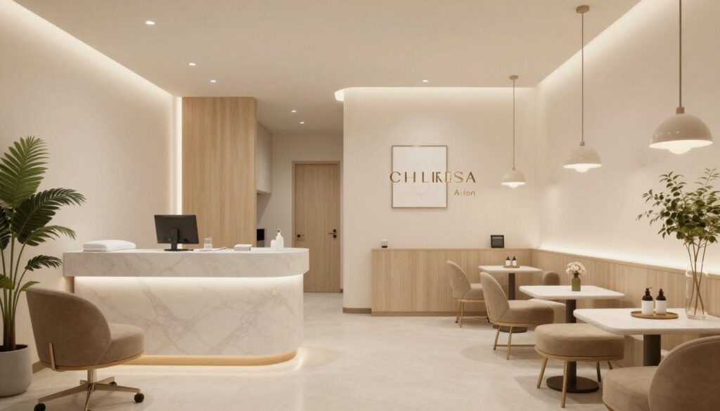 A peaceful and elegant medical spa interior in Saint Charles, Illinois, featuring soft lighting and a welcoming atmosphere.
