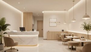 A peaceful and elegant medical spa interior in Saint Charles, Illinois, featuring soft lighting and a welcoming atmosphere.