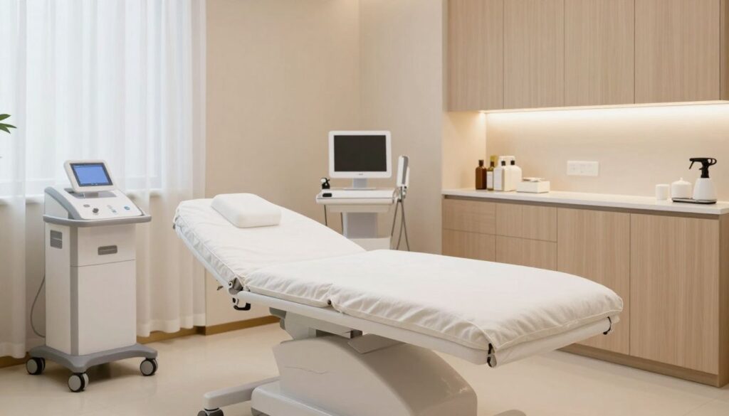 A serene and modern medical spa treatment room with soft lighting and professional equipment, reflecting a tranquil and welcoming atmosphere.