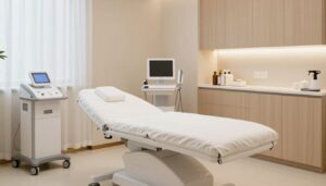 A serene and modern medical spa treatment room with soft lighting and professional equipment, reflecting a tranquil and welcoming atmosphere.