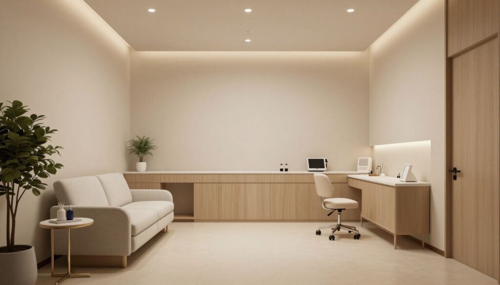 A serene, modern medical spa consultation room with soft, inviting lighting and neutral aesthetic decor.