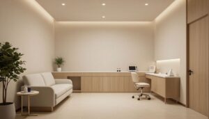 A serene, modern medical spa consultation room with soft, inviting lighting and neutral aesthetic decor.
