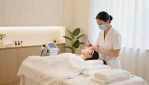 A serene and elegant spa interior featuring professional skincare equipment and a calming atmosphere in a wellness center.