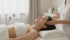 Photorealistic close-up of a calm Saint Charles spa treatment room with a clean skincare station, soft natural light, neutral colors, and no text, logos, or recognizable faces