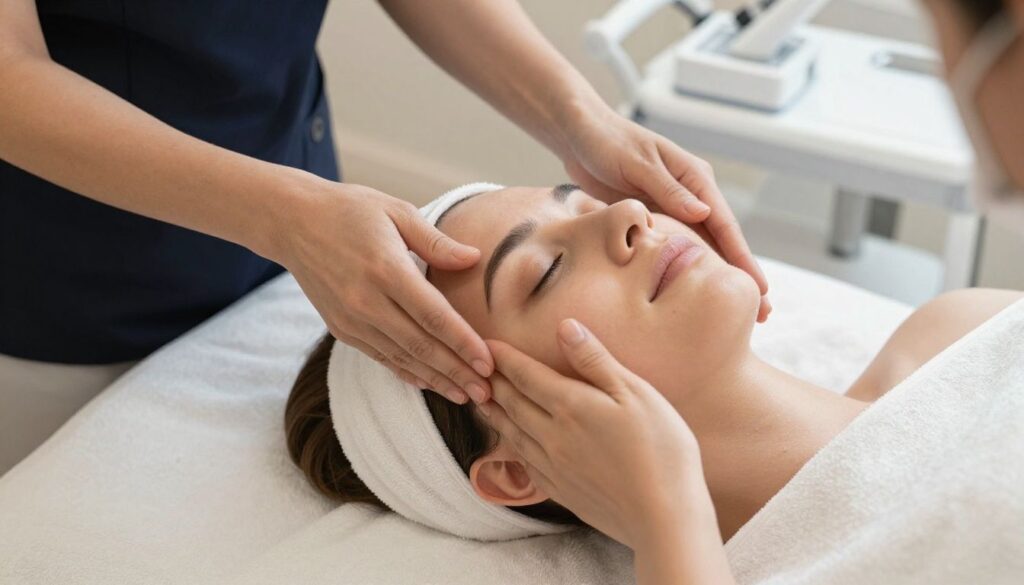 Photorealistic close-up of a peaceful HydraFacial skincare treatment in a cozy Saint Charles spa, showing professional facial equipment, clean towels, soft natural lighting, and no logos or recognizable faces