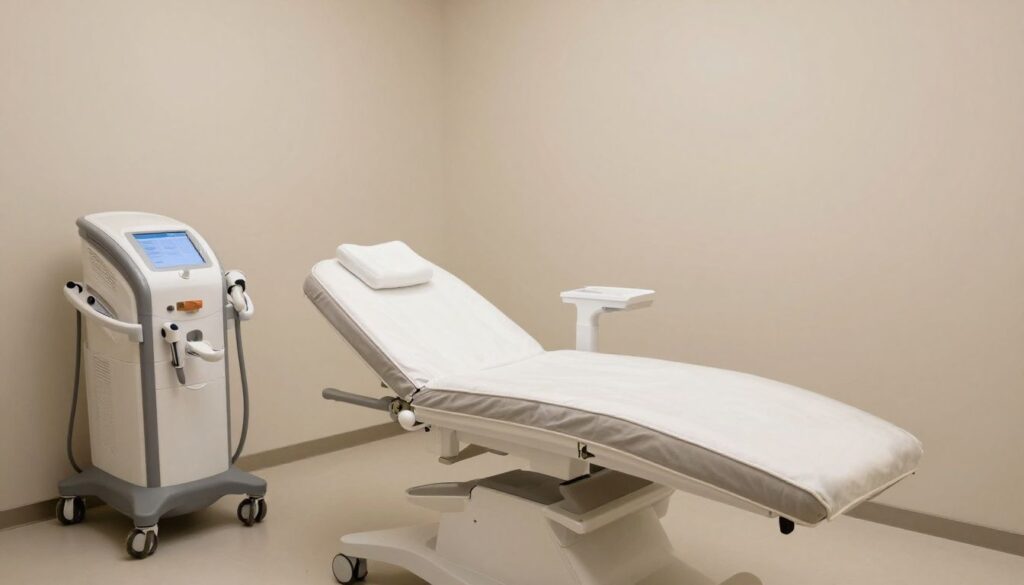 Photorealistic treatment room in a tranquil Saint Charles medical spa, with modern light-based skincare equipment, soft neutral colors, no text, no logos, and no recognizable faces