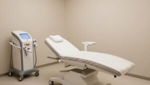 Photorealistic treatment room in a tranquil Saint Charles medical spa, with modern light-based skincare equipment, soft neutral colors, no text, no logos, and no recognizable faces